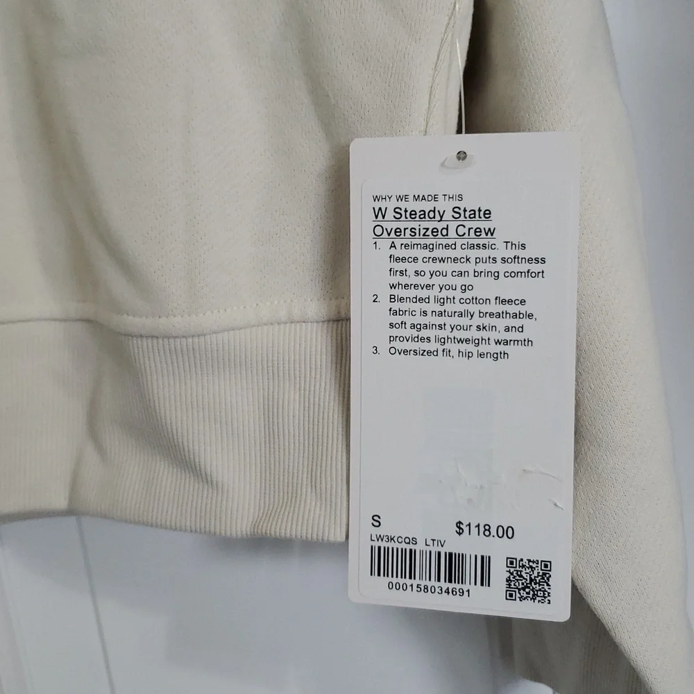 NWT Lululemon Womens Steady State Oversized Crew Sz S Light Ivory